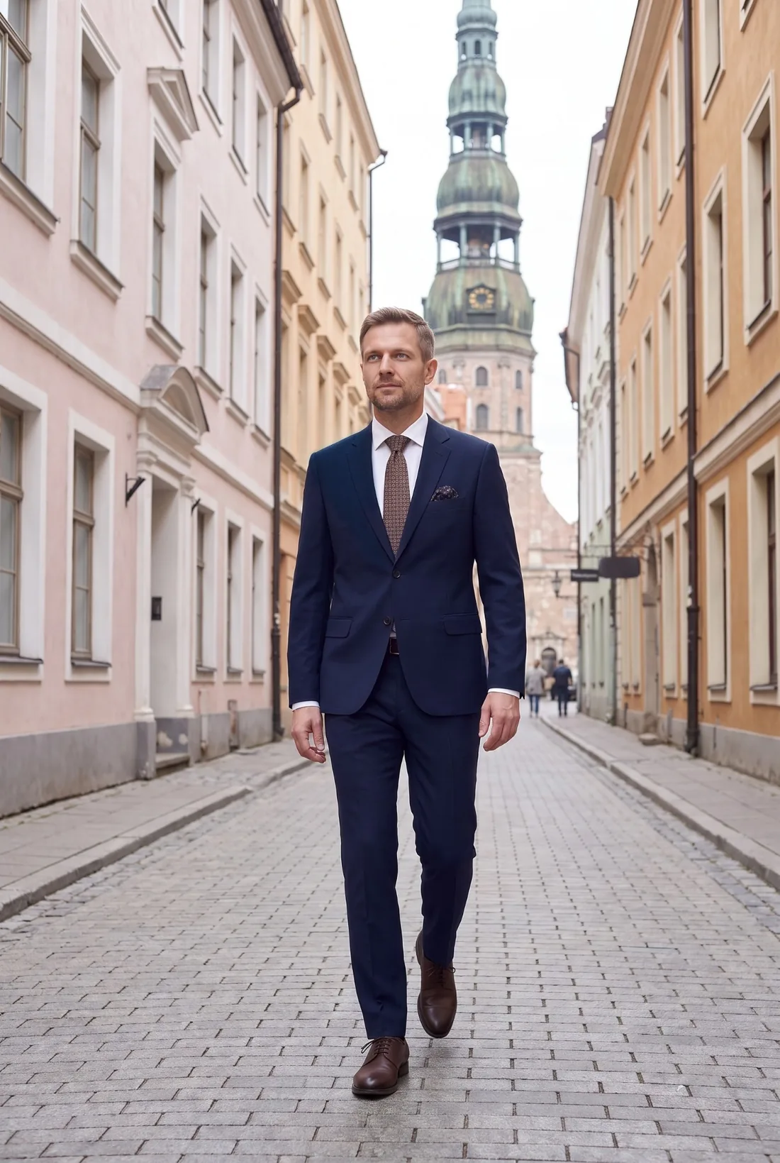 Vīrietis tumši zilā Sunset Fashion Men uzvalkā Rīgas vecpilsētā